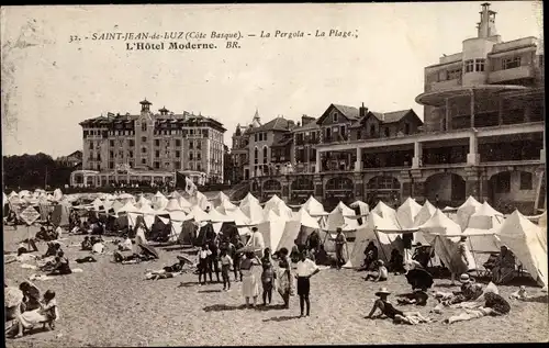Ak Saint Jean de Luz Pyrénées Atlantiques, L'Hotel Moderne, La Pergola, La Plage