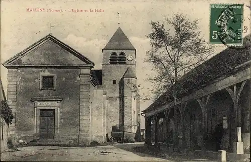 Ak Maligny Yonne, L'Eglise, La Halle