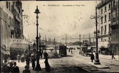 Ak Marseille Bouches du Rhône, Cannebiere, Vieux Port, tramway