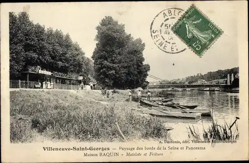 Ak Villeneuve Saint Georges Val de Marne, Paysage des bords de la Seine, Maison Raquin