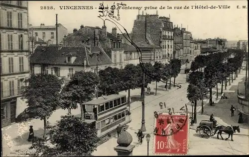 Ak Vincennes Val de Marne, Rue de Fontenay prise de la rue de l'Hotel de Ville, Straßenbahn