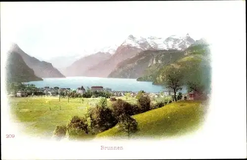 Ak Brunnen Kt Schwyz, Blick auf den Ort, Gebirge