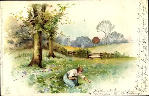 Litho Landschaft, Frau auf einer Wiese, Sonnenschein Postkarte