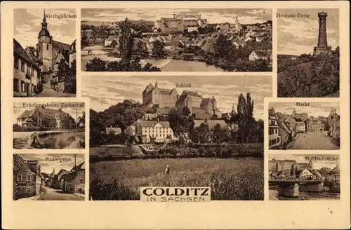 Ak Colditz in Sachsen, Schloß, Kirchgäßchen, Erholungsheim Zschadraß, Heimatsturm, Muldenbrücke