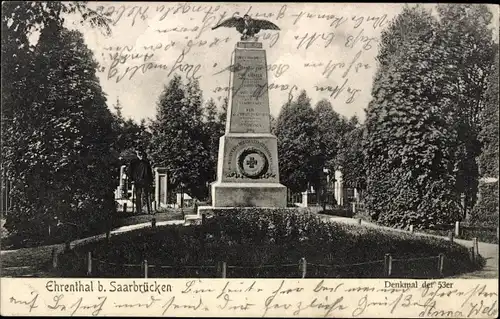 Ak Saarbrücken im Saarland, Denkmal der 53er im Ehrental, Soldatenfriedhof
