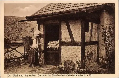 Ak Niederheimbach am Rhein, Märchenhain, Der Wolf und die sieben Geislein, Gebrüder Grimm