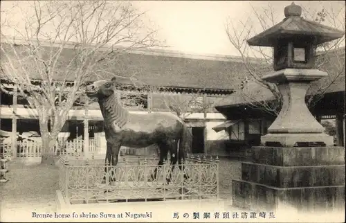 Ak Nagasaki Präfektur Nagasaki Japan, Bronze horse, shrine Suwa