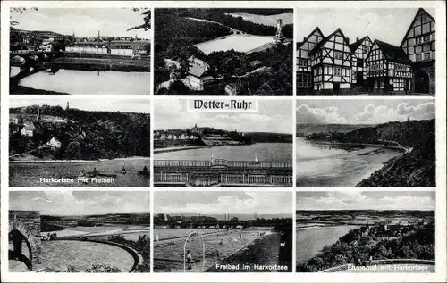 Ak Wetter an der Ruhr, Fachwerkhäuser, Harkortsee, Freibad, Ehrenmal