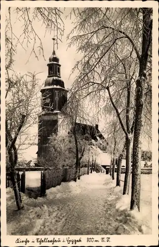 Ak Schellerhau Altenberg im Erzgebirge, Straßenpartie, Kirche, Winter