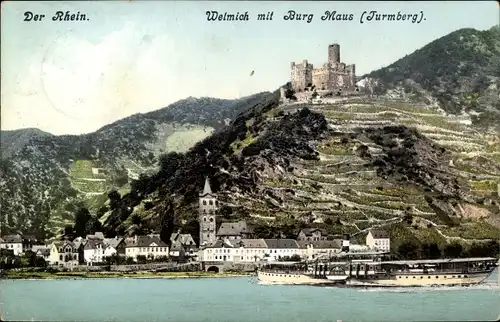 Ak Wellmich am Rhein Sankt Goarshausen, Burg Maus, Turmberg, Panorama