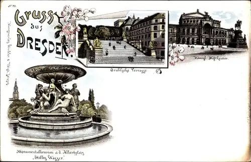 Litho Dresden Zentrum Altstadt, Brühlsche Terrasse, Hoftheater, Monumentalbrunnen am Albertplatz