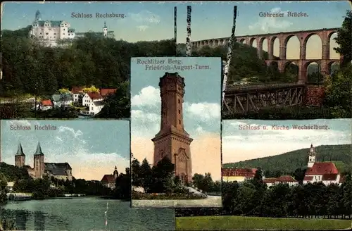 Ak Rochlitz an der Mulde, Schloss, Göhrener Brücke, Kirche, Berg, Friedrich August Turm