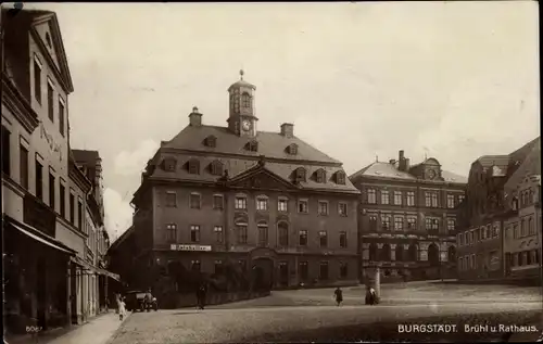 Ak Burgstädt Sachsen, Brühl und Rathaus, Ratskeller, Geschäftshäuser