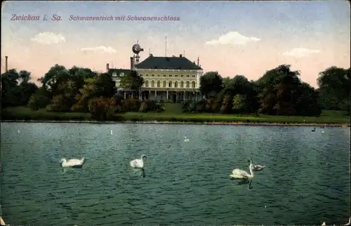 Ak Zwickau Sachsen, Schwanenteich, Schwanenschloss