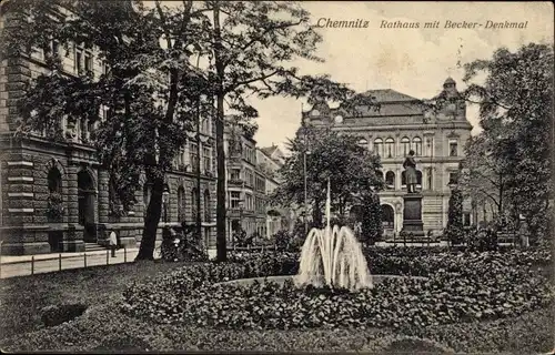 Ak Chemnitz Sachsen, Rathaus, Becker Denkmal