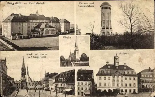 Ak Burgstädt in Sachsen, Zentralschule, Wasserturm, Rathaus, Markt