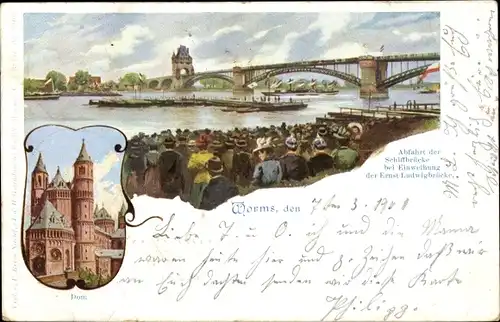 Künstler Ak Worms am Rhein, Dom, Abfahrt der Schiffbrücke bei Einweihung der Ernst Ludwig Brücke