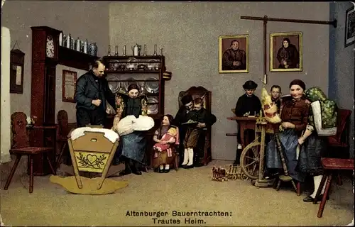 Ak Altenburger Bauerntrachten, Trautes Heim, Spinnrad, Babywiege