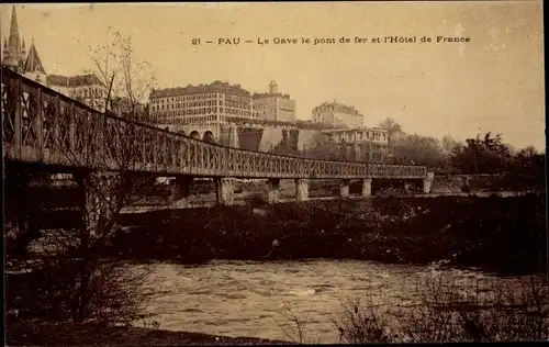 Ak Pau Pyrénées-Atlantiques, Le Gave le pont de fer, L'Hotel de France