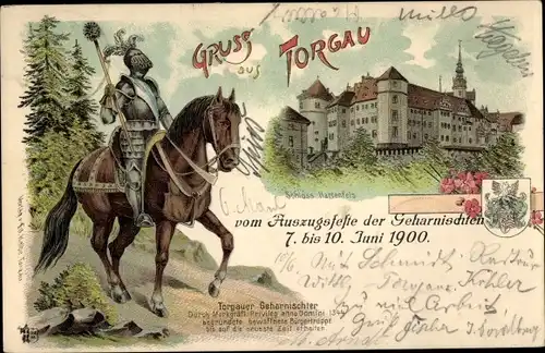 Litho Torgau an der Elbe Nordsachsen, Auszugsfest der Geharnischten 1900, Schloss Hartenfels