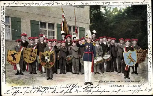 Wappen Ak Biberach im Schwarzwald, Schützenfest, Kinder mit Schilden, Uniformen