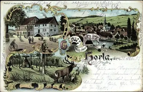 Litho Horla Sangerhausen am Südharz, Gasthof zu den drei Kastanien, Kohlenmeiler, Hirsch, Totale