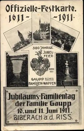 Ak Biberach an der Riß in Oberschwaben, Jubiläums Familientag der Familie Gaupp 1911, Familienwappen