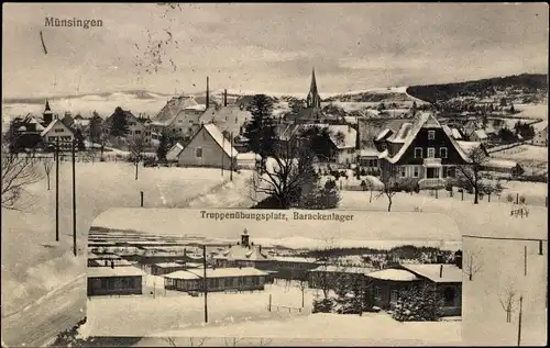 Ak Münsingen in Württemberg, Blick auf den Ort, Truppenübungsplatz, Barackenlager, Winter