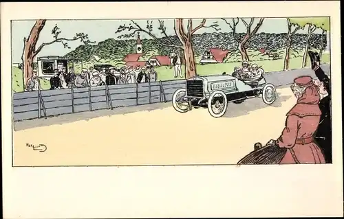 Künstler Ak Eliott, Harry, Rennauto, Rally, Zuschauer an der Strecke