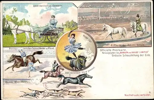 Litho Zirkus Barnum & Bailey, Amerikanisches Gespann, Pferdeartistin, Hundewettrennen