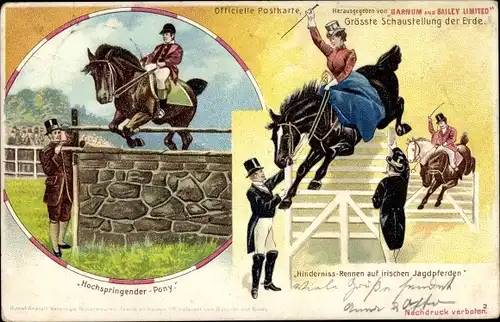 Litho Zirkus Barnum & Bailey, Hochspringendes Pony, Hindernisrennen auf irischen Jagdpferden