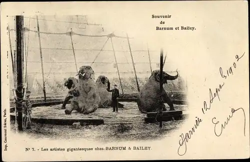 Ak Zirkus Barnum & Bailey, Les artistes gigantesques, Elefanten in der Manege