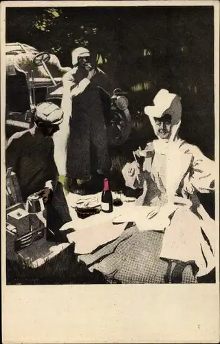 Jugendstil Ak Simplicissimus VII 6, Mann und Frau beim Picknick, Automobil, rauchender Chauffeur