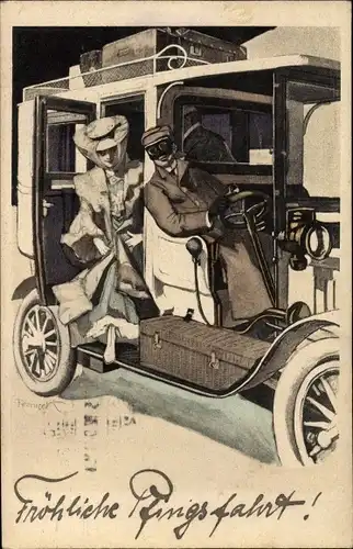 Jugendstil Künstler Ak Reznicek, Autofahrt einer Dame mit Chauffeur, Simplicissimus Serie II No. 11