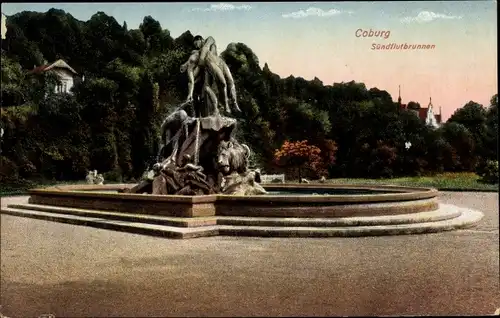 Ak Coburg in Oberfranken, Partie am Sündflutbrunnen, Park, Häuser