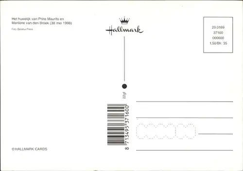 Ak Hochzeit von Prinz Maurits der Niederlande mit Marilene van den Broek 1999