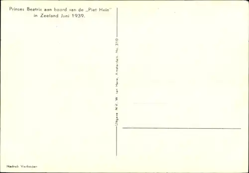 Ak Prinzessin Beatrix der Niederlande, An Bord des Dampfers Piet Hein 1939