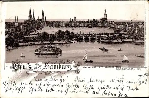 Litho Hamburg Mitte Altstadt, Alsterbassin, Panorama