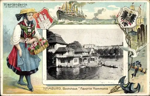 Passepartout Ak Hamburg, Bootshaus Favorite Hammonia, Vierländerin, Wappen, Dampfer