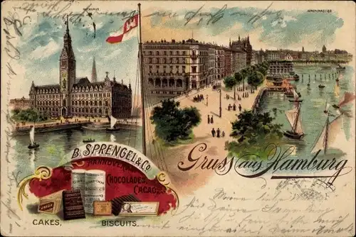 Litho Hamburg Mitte Altstadt, Rathaus, Jungfernsieg, B.Sprenglers Chocoladen