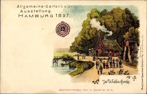 Litho Hamburg Altstadt, Gartenbauausstellung 1897, Waldschenke, Uferpartie mit Besuchern