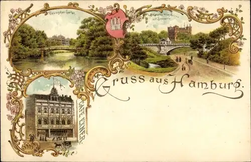 Litho Hamburg St. Pauli, Cafe Exner, Botanischer Garten, Seewarte, Kersten Miles Brücke