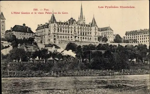 Ak Pau Pyrénées-Atlantiques, L'Hotel Gassion, Le vieux Palais vue du Gave