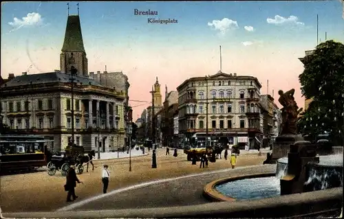 Ak Wrocław Breslau Schlesien, Königsplatz, Bismarckbrunnen, Straßenverkehr