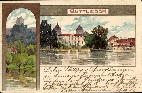 Künstler Litho Mutter, K., Gottlieben Kanton Thurgau, Schloss, Salenstein