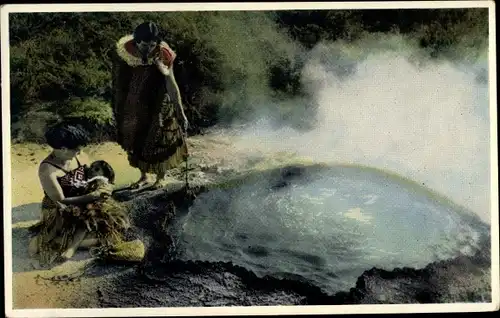 Ak Neuseeland, Hot Pool Cooking, In traditional style, A Maori woman