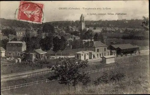 Ak Orbec Calvados, Vue generale avec la Gare