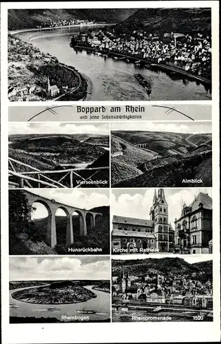 Ak Boppard am Rhein, Panorama, Vierseenlick, Alm, Hunsrückbahn, Kirche, Rathaus, Promenade