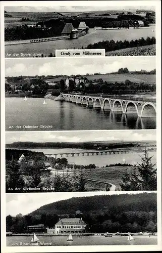 Ak Möhnesee in Westfalen, Möhnetalsperre, Delecker Brücke, Körbecker Brücke, Strandbad Wamel