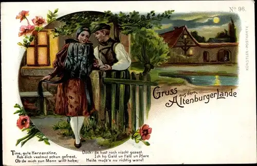 Litho Altenburg in Thüringen, Paar in Tracht am Gartenzaun, Mondschein